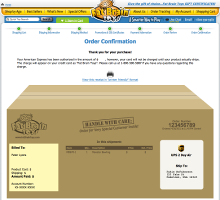 Fat Brain Toys order confirmation